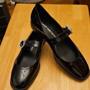 Stuart Weitzman Black Patent Mary Jane Flats with Crystal Buckle Accent